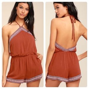 LULUS TIDEWATER RUST RED EMBROIDERED ROMPER